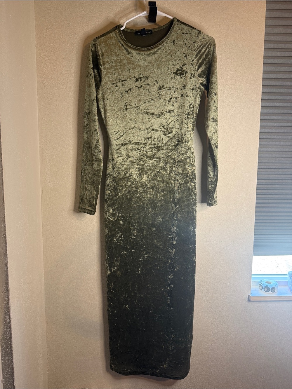 Olive Green Crushed Velvet Long Sleeve Maxi Dress